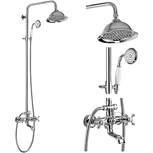 gotonovo Exposed Shower System with Spout,Polished Chrome,No Shower Shelf | Brass Shower Faucet Set,8’’ Rain Head with Handheld Spray,Swivel Tub Spout,2 Cross Handle,6’’ Hole Distance,Adjustable Height - color: Chrome