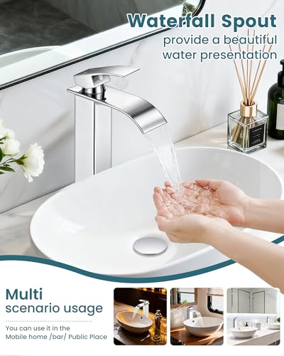 Chrome Waterfall Bathroom Faucet 1 Hole Vessel Sink Faucet | Certified NSF cUPC DOE CEC SUS304 steel.waterfall spout,Single Handle Bathroom Sink Fauce,Pop-up Drain,Fits vanity,Bar sink - color: A-Chrome, style: Tall