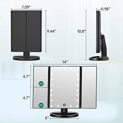 Lighted Makeup Mirror, 1-3X Magnifying Trifold LED Vanity Mirror | Vanity Mirror with Lights, 21 Bright LED Lights, Touch Control Dimmable Brightness, 180 ° Rotaion - color: Black