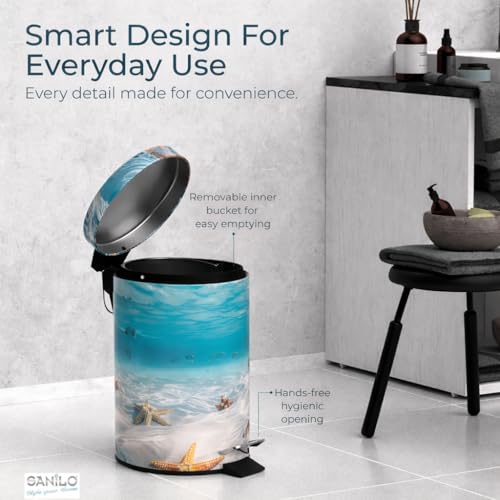 Sanilo Small Bathroom Trash Can with Lid [1.3 Gallon] - Lidded Tiny Trashcan for Garbage - Mini Metal Bin with Soft Closing Mechanism - Bath Room Accessoire Wastebin with Inner Bucket (Waterworld) - color: Waterworld