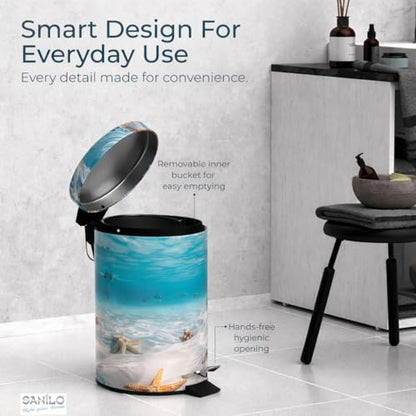Sanilo Small Bathroom Trash Can with Lid [1.3 Gallon] - Lidded Tiny Trashcan for Garbage - Mini Metal Bin with Soft Closing Mechanism - Bath Room Accessoire Wastebin with Inner Bucket (Waterworld) - color: Waterworld
