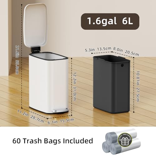 KSSKSS Small Bathroom Trash Can with Lid Soft Close, Step Pedal, 6L / 1.6 Gal Stainless Steel Garbage Bin with Removable Inner Bucket, Slim Wastebasket for Narrow Spaces (White) - color: White--H