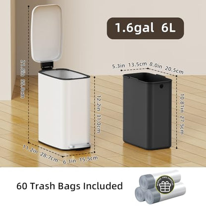 KSSKSS Small Bathroom Trash Can with Lid Soft Close, Step Pedal, 6L / 1.6 Gal Stainless Steel Garbage Bin with Removable Inner Bucket, Slim Wastebasket for Narrow Spaces (White) - color: White--H
