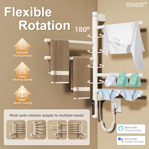 Smart Rotating Heated Towel Rack, White | 5-Bar Electric, Swivel Bars, Wi-Fi App Control, 24H Timer, Stainless Steel - color: White 16.34"x26.77"