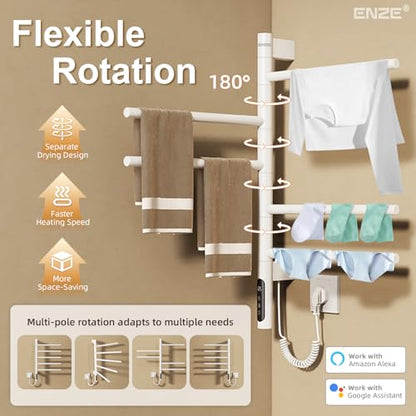 Smart Rotating Heated Towel Rack, White | 5-Bar Electric, Swivel Bars, Wi-Fi App Control, 24H Timer, Stainless Steel - color: White 16.34"x26.77"