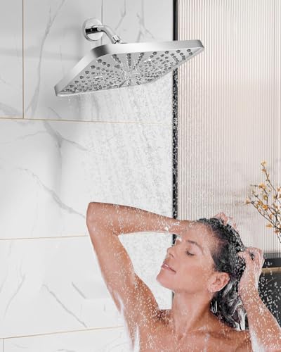 Square Shower Head, 6 Spray Modes High Pressure 10 Inch Chrome Shower heads, Rainfall & Massage Anti-Clog Nozzles Easy-Clean Surface for Spa Experience, Large Showerheads - color: Chrome