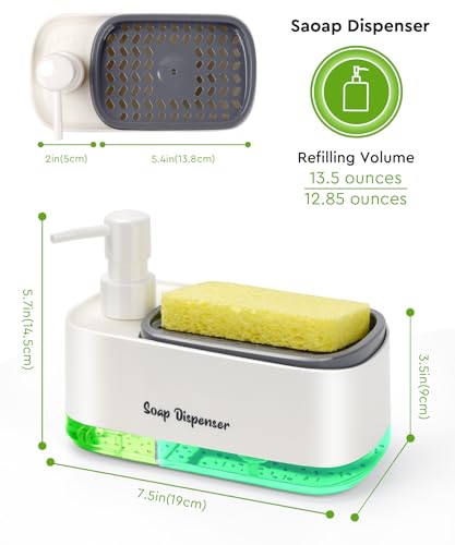 Hand and Dish Soap Dispenser Set for Kitchen, Dual Soap Dispenser with Sponge Holder, 3-in-1 Countertop Soap Pump Dispenser for Kitchen Sink, Useful Kitchen Gadgets - White - color: White
