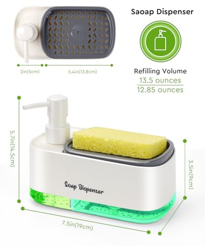 Hand and Dish Soap Dispenser Set for Kitchen, Dual Soap Dispenser with Sponge Holder, 3-in-1 Countertop Soap Pump Dispenser for Kitchen Sink, Useful Kitchen Gadgets - White - color: White