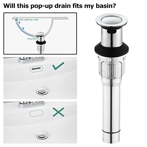 All Metal Bathroom Sink Drain with Overflow, Stainless Steel Pop Up Drain for Lavatory Vanity Vessel Sink, Chrome, 2108501 - color: Chrome, style: With Overflow
