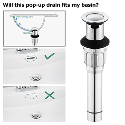 All Metal Bathroom Sink Drain with Overflow, Stainless Steel Pop Up Drain for Lavatory Vanity Vessel Sink, Chrome, 2108501 - color: Chrome, style: With Overflow