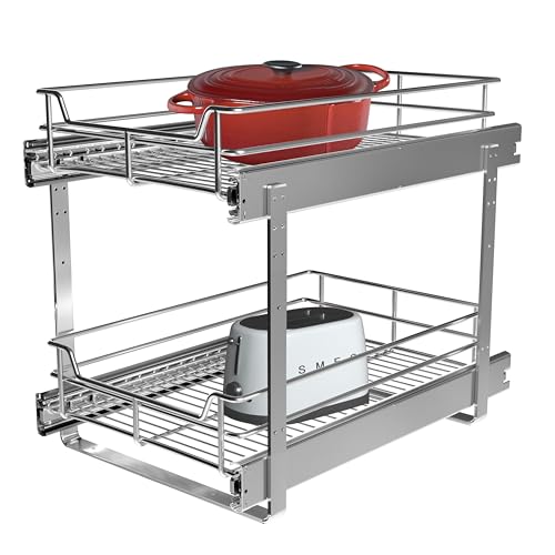 2-Tier Cabinet Pull Out Shelves, 11" W x 22" D, Chrome | Heavy-Gauge Wire Kitchen Cabinet Organizer, 100 lbs Capacity, Ball-Bearing Glides, Min 12" Opening, For Pantry Storage - size: 11 x 22 Inch