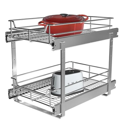 2-Tier Cabinet Pull Out Shelves, 11" W x 22" D, Chrome | Heavy-Gauge Wire Kitchen Cabinet Organizer, 100 lbs Capacity, Ball-Bearing Glides, Min 12" Opening, For Pantry Storage - size: 11 x 22 Inch
