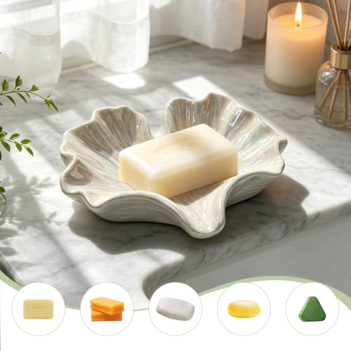 Ceramic Soap Dish with Ginkgo Leaves Design, Self-Draining Soap Tray for Sink, Bathroom, Shower, Small Cute Glazed Holder in White, Easy to Clean