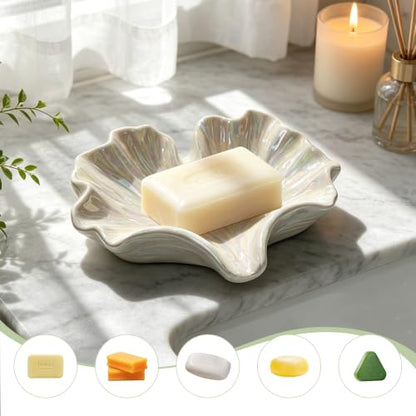 Ceramic Soap Dish with Ginkgo Leaves Design, Self-Draining Soap Tray for Sink, Bathroom, Shower, Small Cute Glazed Holder in White, Easy to Clean