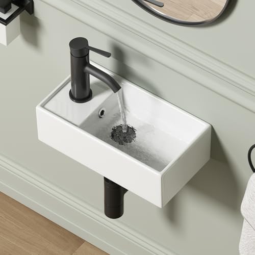Small Wall Mount Bathroom Vessel Sink, QISHKA 15.5" X 8.5" Rectangular Floating Ceramic Wash Hand Basin- White Wall Hung Vanity Sink with Overflow for Small Bathroom (Left Hand) - size: 15.5" x 8.5" x 5.1"