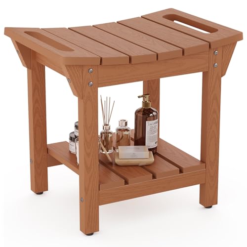 Waterproof Shower Bench, Poly Lumber Shower Stool for Shaving Legs | Shower Chair Seat with Storage Shelf and Handles, Bathroom Bench for Inside Shower, Non-Slip (Brown) - color: Brown, size: 18.6" Bench