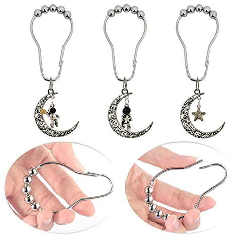 12Pcs Astronaut Shower Curtain Hooks for Bathroom Shower Rod | Rust-Proof Stainless Steel Shower Curtain Rings for Shower Curtain Liners with Fun Pendant, Space Moon Theme Bathroom Decor