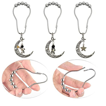 12Pcs Astronaut Shower Curtain Hooks for Bathroom Shower Rod | Rust-Proof Stainless Steel Shower Curtain Rings for Shower Curtain Liners with Fun Pendant, Space Moon Theme Bathroom Decor