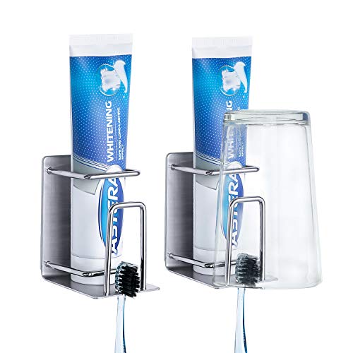 Toothbrush Holder Wall Mounted, Stainless Steel Bathroom Organizer for Electric Toothbrush, Toothpaste & Cup, No Drill Adhesive Shower Caddy (Silver,2 Pack) - color: Silver (2 Pack)