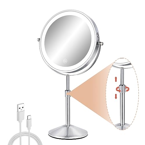 8" Tall Lighted 1X/10X Magnifying Makeup Mirror, Adjustable Height | No Distortion, Rechargeable LED, 3 Color Modes, 360° Rotating Touch Screen, Magnifying Tabletop Cosmetic Mirror, Vanity Table - size: 17.5"L x 8"W