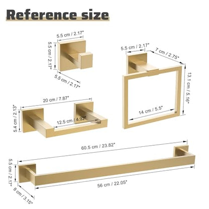 5-Piece Towel Bar Set Brushed Gold Bathroom Hardware Accessories Set Includes Upgraded Double Base Toilet Paper Holder,Modern Square Towel Holder Set Stainless Steel Wall Mount 23.6 Inch - color: 5-pcs Gold