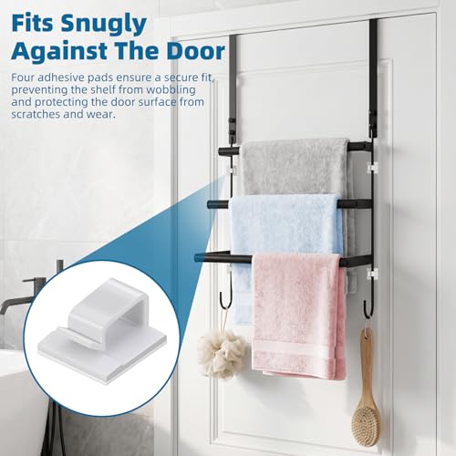 Over the Door Towel Rack for Bathroom Bedroom, 3-Tier Matte Black Towel Bars with Bottom Hooks, Heavy Duty Rustproof No-Drill Towel Holder for Bathroom Door Back, Space Saving Drying Rack Organizers