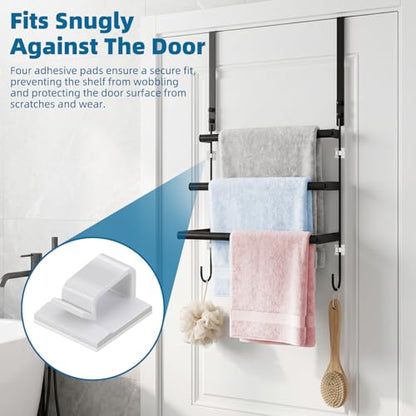 Over the Door Towel Rack for Bathroom Bedroom, 3-Tier Matte Black Towel Bars with Bottom Hooks, Heavy Duty Rustproof No-Drill Towel Holder for Bathroom Door Back, Space Saving Drying Rack Organizers