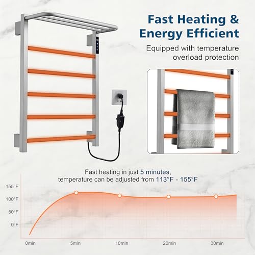 Heated Towel Racks, 5 Bars Towel Warmer with 24hr Timer Stainless Steel Wall Mounted Electric Towel Warmers for Bathroom - color: Nickel
