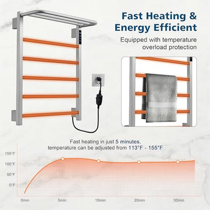 Heated Towel Racks, 5 Bars Towel Warmer with 24hr Timer Stainless Steel Wall Mounted Electric Towel Warmers for Bathroom - color: Nickel