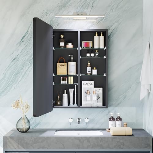 Medicine Cabinet 20x30 Inch, Bathroom Wall Mirror Cabinet with Storage, 6-Tier Adjustable Glass Shelving, Waterproof Aluminum Frame, Quiet Soft Close, Modern Vanity Decor - size: 20"x 30"