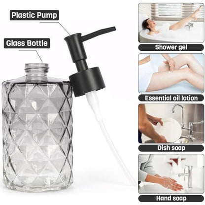 Glass Soap Dispenser with Plastic Pump, 2 Pack 12oz Gradient Diamond Design Black Soap Dispenser for Dishwashing Liquid, Lotion Shower Gel - color: Gradient Diamond Black