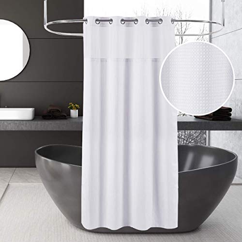 71x74 White Waffle Weave Fabric No Hooks Shower Curtain with Removable Polyester Liner - Heavy Duty Bath Curtain with See Through Top Machine Washable - color: White, size: 71"W x 74"L (Pack of 1)