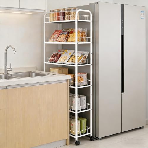 10in Slim Storage Cart, Metal 6-Tier Narrow Rolling Shelf, Sturdy Slim Storage with Hooks Ideal for Kitchen, Bathroom, and Laundry Room (10in White) - size: 10in White