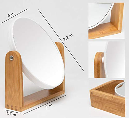 YEAKE Vanity Makeup Mirror with Natural Bamboo Stand, 8 Inch Double Sided 3X Magnification Swivel Mirror for Bathroom & Desk - color: White-oval (1x,3x)