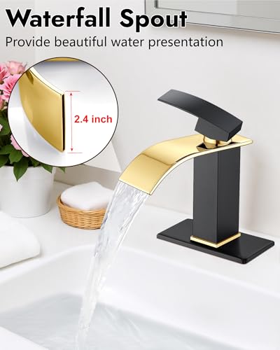 Midanya Waterfall Bathroom Faucet 1 Hole,Polish Gold Spout/Matte Black | with 24” Hoses,Pop Up Drain,6” Deck Plate,for 1 or 3 Hole Vanity,Lavatory,RV,Single Handle Bathroom Sink Faucet,NSF Certified - color: Bright Gold Spout/Black