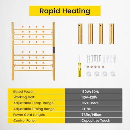 Heated Towel Racks for Bathroom 8-Bars, 23" Wall Mounted Electric Towel Warmer Racks with Timer & Temperature Control,Gold