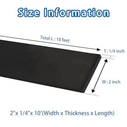 Black Solid Rubber Strip, 1/4 (.25)" Thick X 2" Wide X 10'Long | Solid Flat Rubber Roll for Anti-Slip, Anti-Vibration DIY Gaskets Crafts Sealing Supports Protection - size: 2"X10'X1/4,No Adhesive