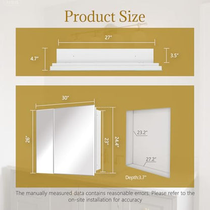Bathroom Medicine Cabinet with 30x26 in Rectangular Beveled Frameless Mirror,Double Door Wall Mounted Mirror Cabinet for Bathroom Toilet Kitchen,Recess or Surface Mount - size: FMG-CM7005-3026