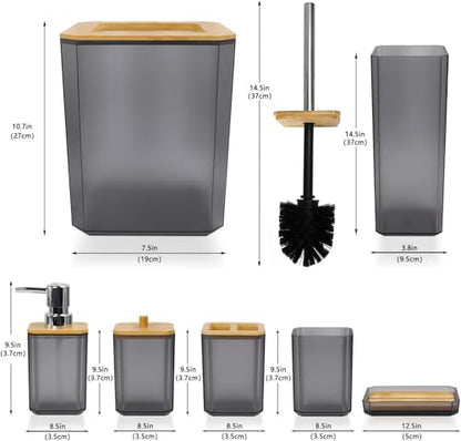 CERBIOR Bamboo Bathroom Accessories Set 7 Piece Bath Ensemble,Gray | Includes Soap Dispenser, Toothbrush Holder, Toothbrush Cup, Soap Dish for Decorative Countertop and Housewarming Gift - style: Matte Black