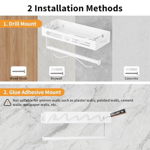 White Paper Towel Holder Wall Mount with Shelf - Adhesive Hand Towel Rack | Sturdy Metal Mounted Paper Towel Rack with 2 Hooks, Space-Saving for Bathroom, Kitchen, RV Camper - color: White