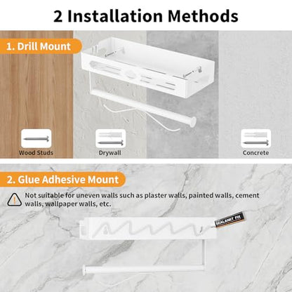 White Paper Towel Holder Wall Mount with Shelf - Adhesive Hand Towel Rack | Sturdy Metal Mounted Paper Towel Rack with 2 Hooks, Space-Saving for Bathroom, Kitchen, RV Camper - color: White