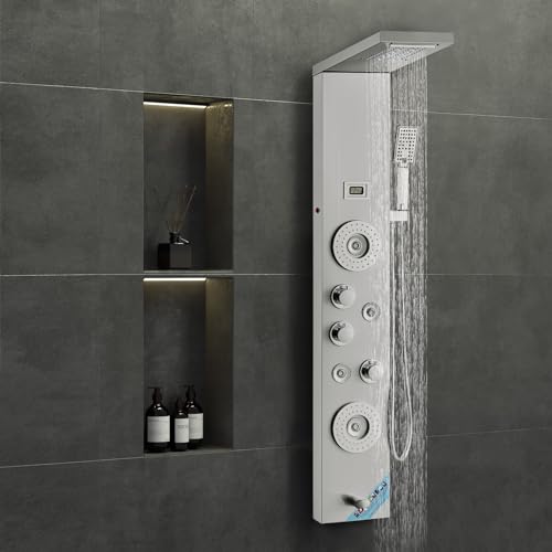 VEVOR Shower Panel Tower System, 6 Shower Modes, LED & Display Shower Panel, Rainfall, Waterfall, 4 Body Massage Jets, Tub Spout, Handheld Shower Head 59" Hose, Stainless Steel Wall-Mounted Shower Set