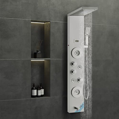 VEVOR Shower Panel Tower System, 6 Shower Modes, LED & Display Shower Panel, Rainfall, Waterfall, 4 Body Massage Jets, Tub Spout, Handheld Shower Head 59" Hose, Stainless Steel Wall-Mounted Shower Set