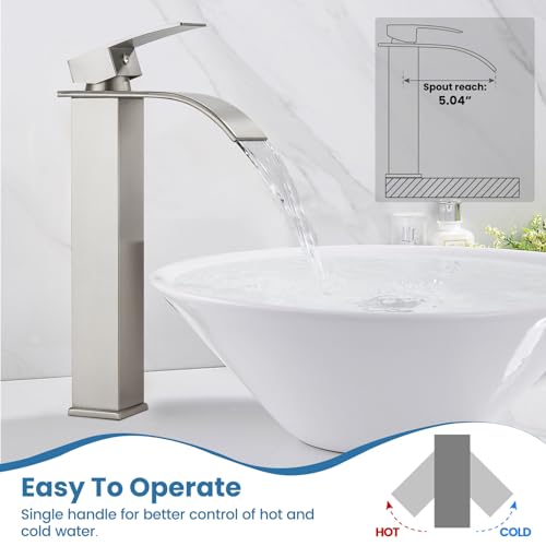 Airuida Vessel Sink Faucet,Brushed Nickel Tall Waterfall Bathroom Faucet | Single Handle,Tall Bathroom Faucet 1 Hole,Vanity Faucet,without Drain,Bowl Bathroom Faucet - color: Brushed Nickel