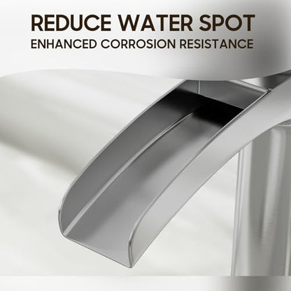 Phiestina Brushed Nickel Tall Bathroom Vessel Sink Faucet, Single Hole Single Handle Waterfall Modern Above Countertop Sink Bathroom Faucet, with Pop Up Drain and Water Supply Line, NS-SF01-BN-V - color: Brushed Nickel, style: 1 pack