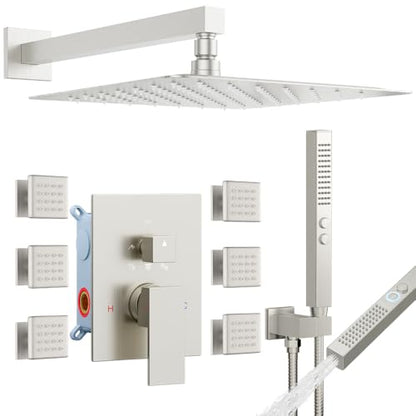 Brushed Nickel Shower System with Body Jets, STARBATH 12 Inch Rainfall Shower and Handheld Spray, Wall Mounted Full Body Shower System Rough-in Mixer Pressure Balance Valve Shower Faucet Set Complete - color: Brushed Nickel, size: 12 Inch