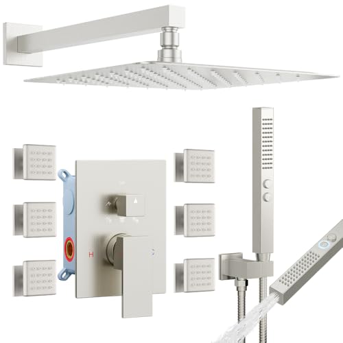 Brushed Nickel Shower System with Body Jets, STARBATH 12 Inch Rainfall Shower and Handheld Spray, Wall Mounted Full Body Shower System Rough-in Mixer Pressure Balance Valve Shower Faucet Set Complete - color: Brushed Nickel, size: 12 Inch