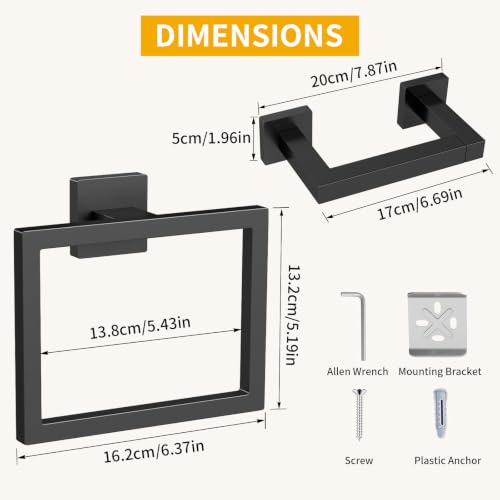 FLE Toilet Paper Holder Wall Mount, Hand Towel Holder Set for Bathroom | Wall Mounted Toilet Paper Holder, Square Bathroom Hardware Set(Black)