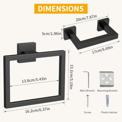 FLE Toilet Paper Holder Wall Mount, Hand Towel Holder Set for Bathroom | Wall Mounted Toilet Paper Holder, Square Bathroom Hardware Set(Black)