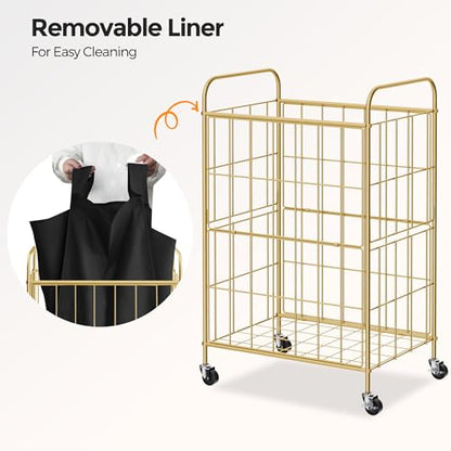 90L Laundry Hamper with Wheels, Laundry Basket with Handle and Liner Bag | Lockable Casters; Reinforced Frame; Breathable Fabric; Space-Efficient Design - color: Golden+Black, size: 90L-1 Section